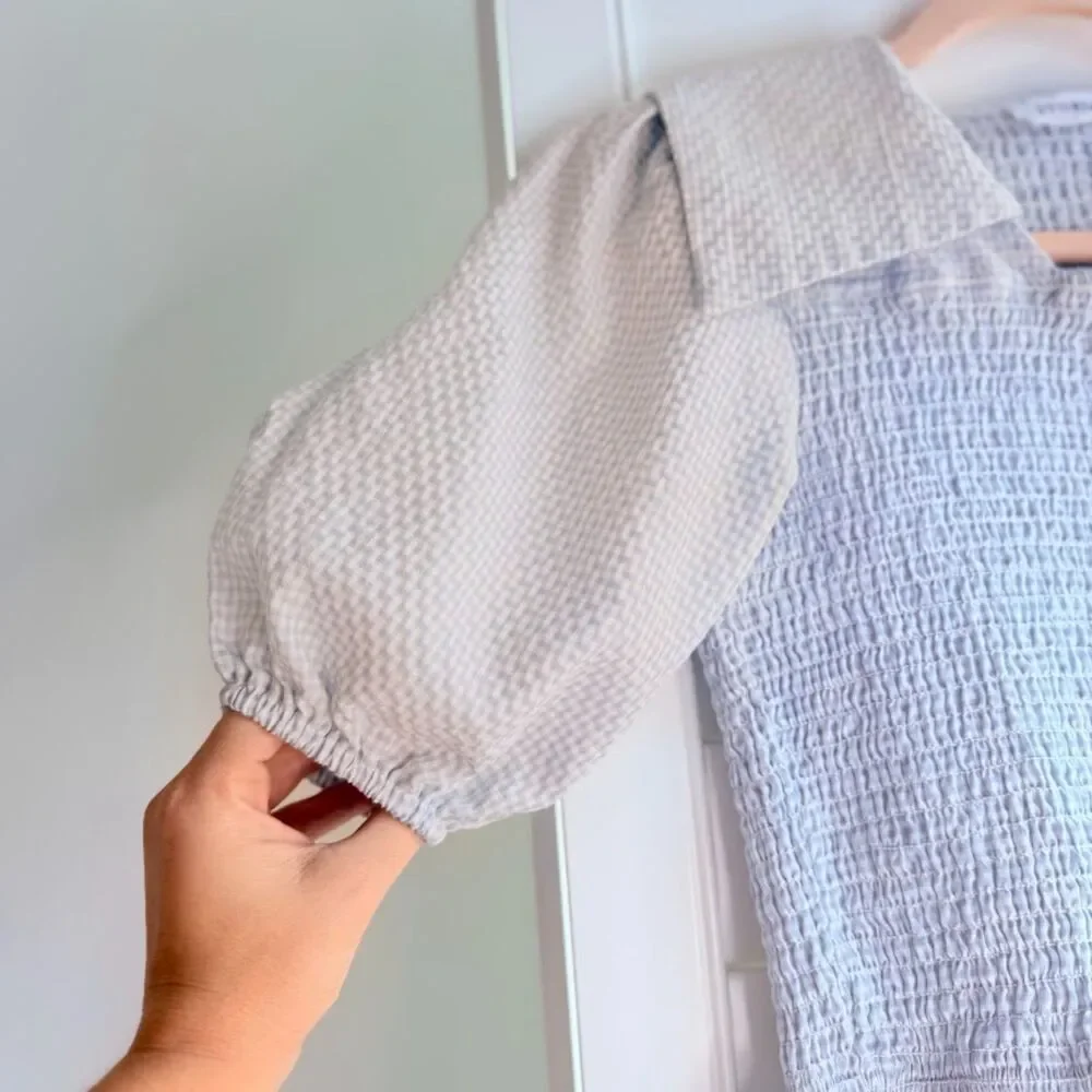 Storia Smocked Blue Gingham Peplum Top with Puff Sleeves & Square Collar size S - Picture 3 of 11
